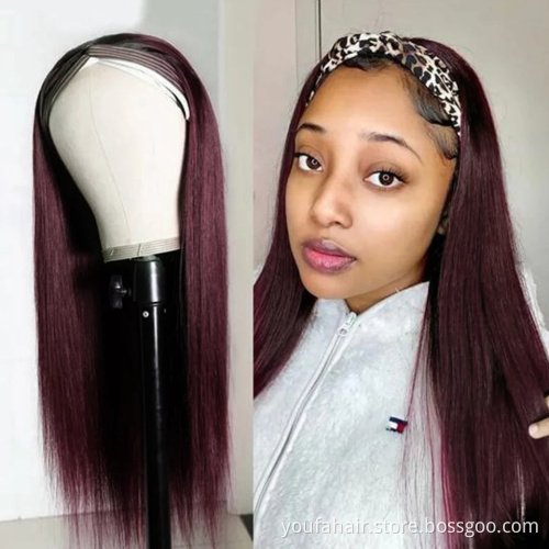 Peruvian Virgin Human Straight Hair Headband Wigs with Adjustable Bands Ombre Color 1B 99J Glueless Headband Wig for Black Women